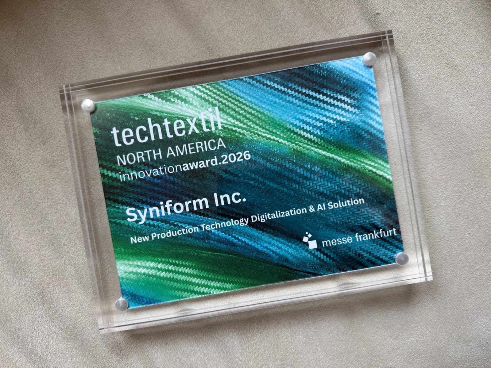 Syniform Inc. 2026 Techtextil North America Innovation Award for New Production Technology